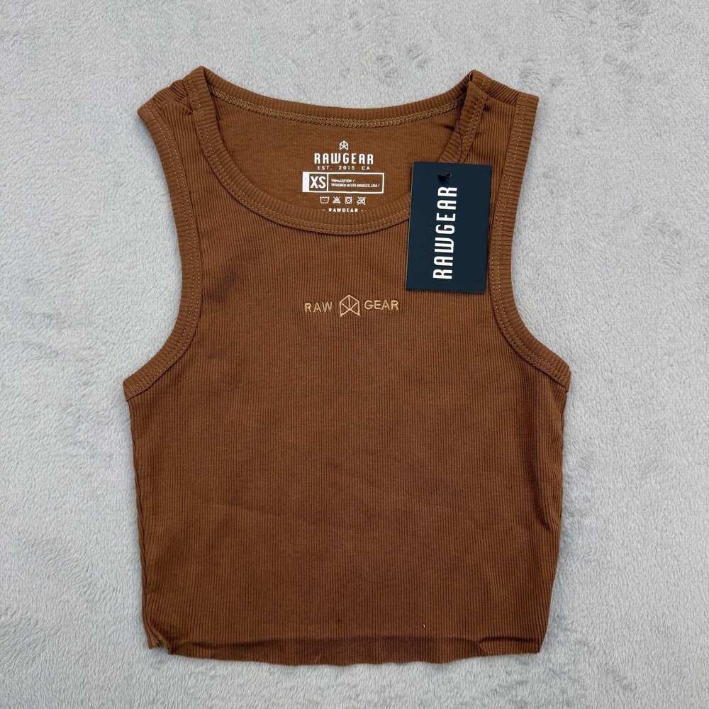 Rawgear Cropped Rib Tee‎ Women XS Brown Embroidered Logo Tank NWT Workout